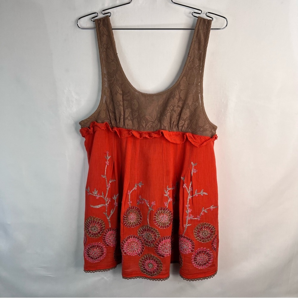 Free People Orange Brown Tank Top Open Split Tie Back Embroidered Floral…